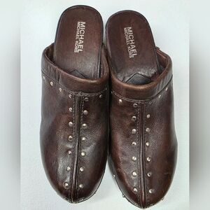 Michael Kors Dark Brown Leather Gold Studded Clogs Size 7.5  Slip On Mules Boho